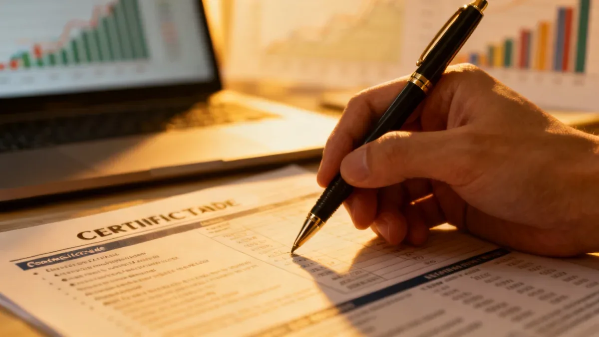 Hand pointing to financial document, symbolizing study and professional certification.