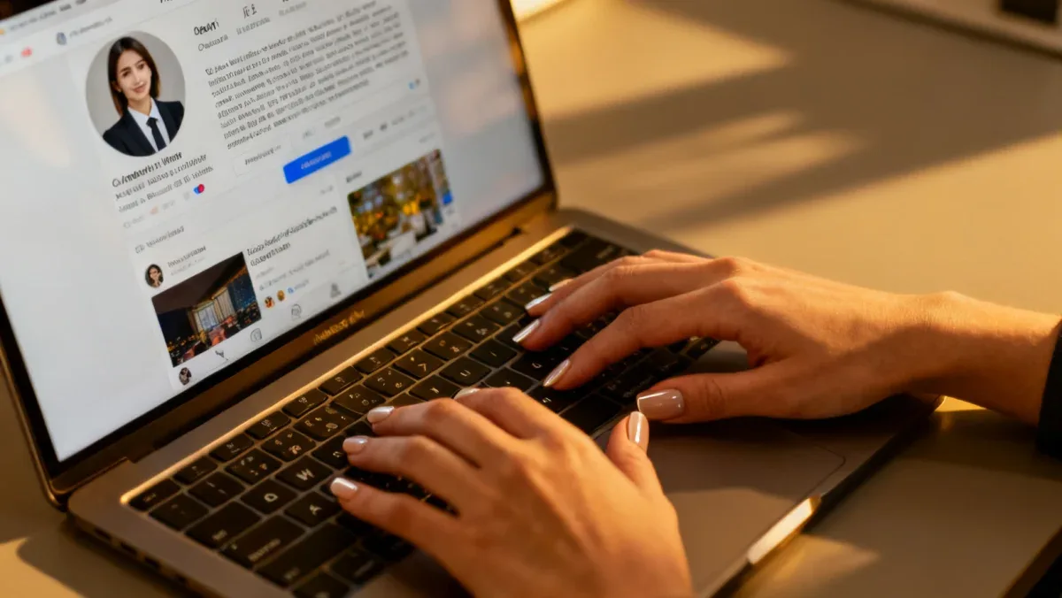 Professional hands typing on laptop, curating an online personal brand profile