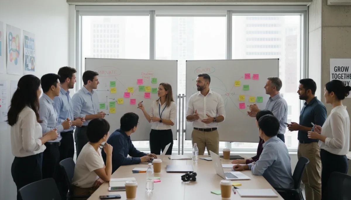 US professionals collaborating on skill development and career advancement strategies