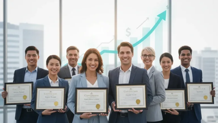 Professionals with certification diplomas and a growth chart