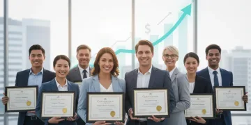 Professionals with certification diplomas and a growth chart