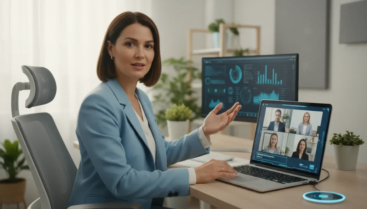 Professional exhibiting strong eye contact and controlled gestures in a virtual meeting.