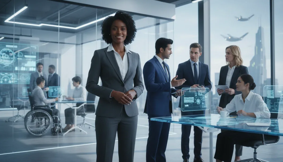 Professionals demonstrating executive presence in a modern office, engaged in a focused discussion.