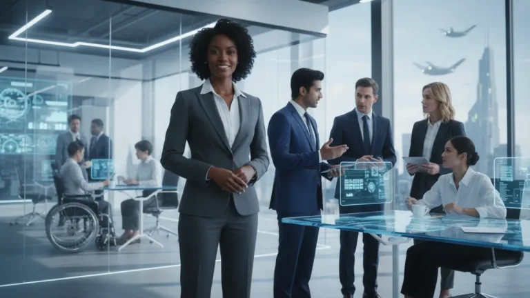 Professionals demonstrating executive presence in a modern office, engaged in a focused discussion.