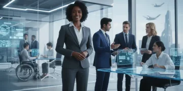 Professionals demonstrating executive presence in a modern office, engaged in a focused discussion.