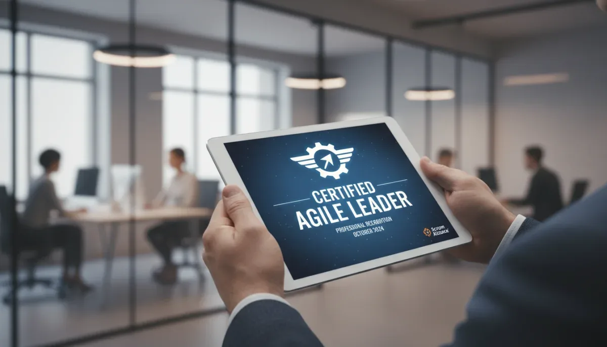 Person holding a tablet showing an agile certification, signifying professional achievement.