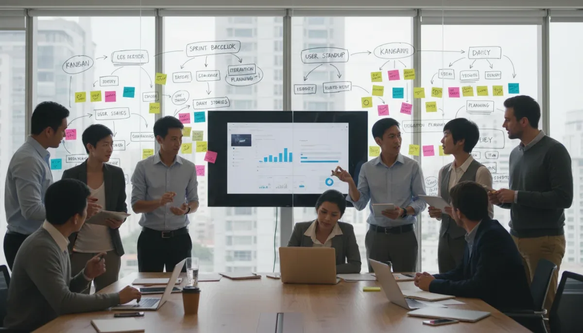 Professionals collaborating on agile project management with a whiteboard, representing updated certifications.