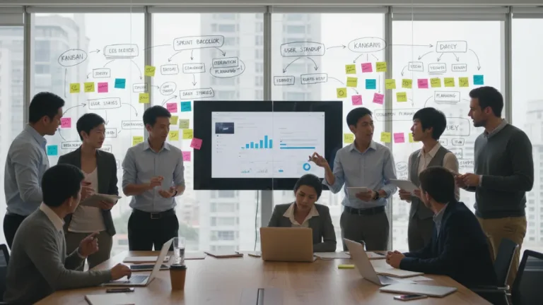 Professionals collaborating on agile project management with a whiteboard, representing updated certifications.