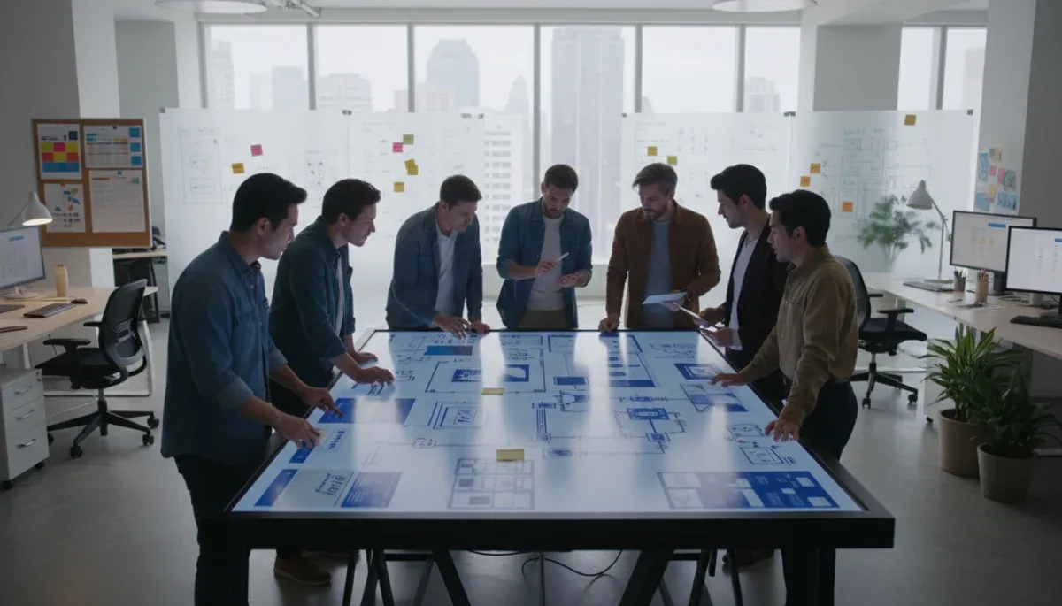 UX/UI design team collaborating on a project in a modern office