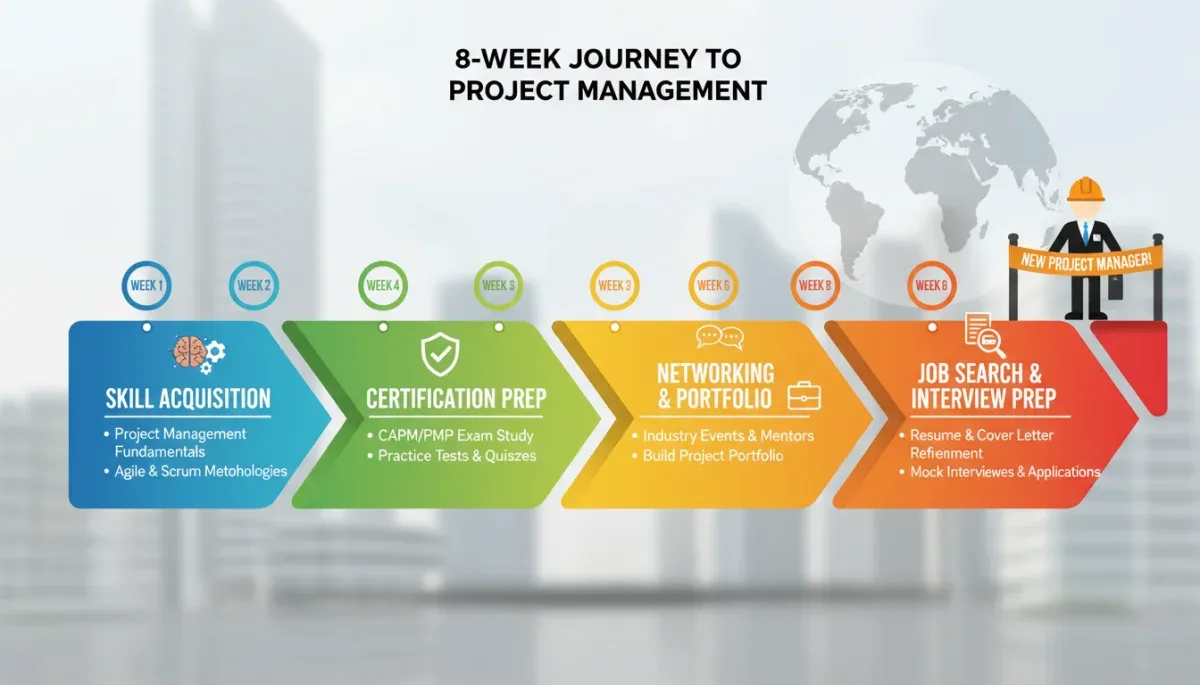 Roadmap illustrating 8-week quick career launch for project manager with key phases