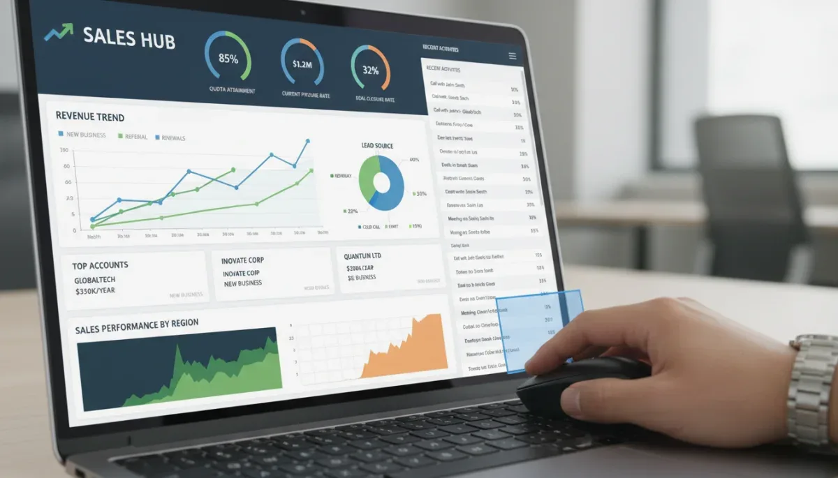 CRM dashboard showing sales performance metrics and customer data.