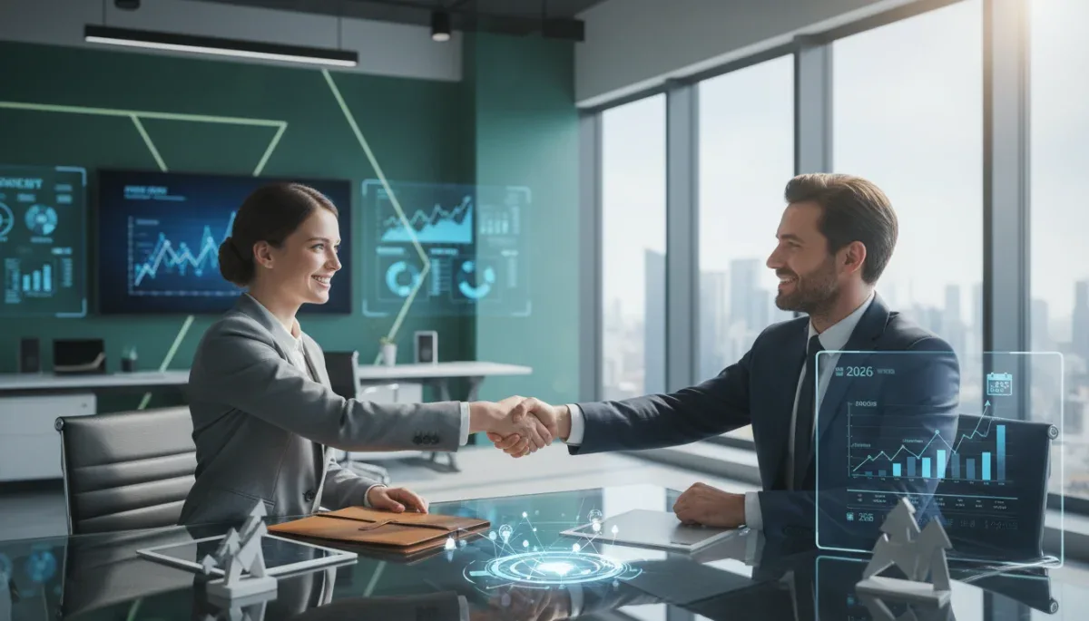 Professional shaking hands after successful salary negotiation in modern US office