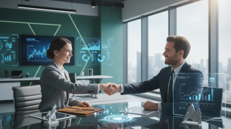 Professional shaking hands after successful salary negotiation in modern US office