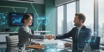 Professional shaking hands after successful salary negotiation in modern US office