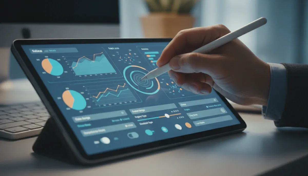 Hand interacting with an interactive data dashboard on a tablet, showcasing real-time data manipulation.