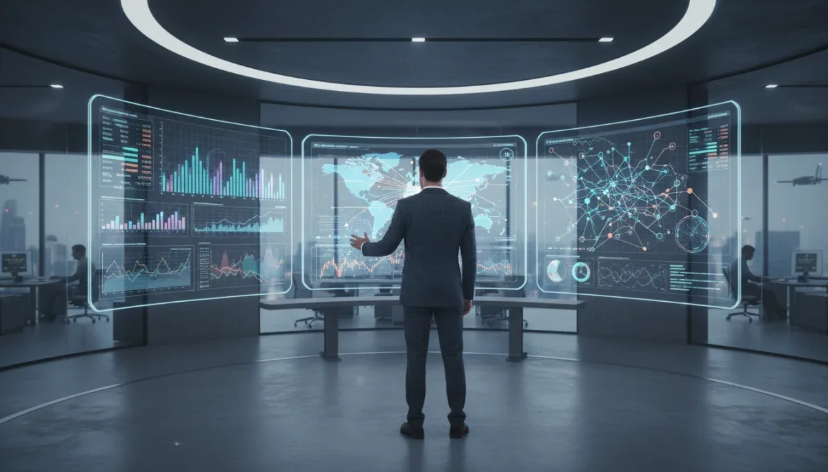 Professional analyzing complex data visualizations on multiple screens, showing charts and graphs.