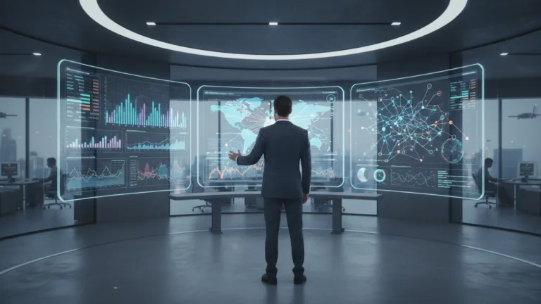 Professional analyzing complex data visualizations on multiple screens, showing charts and graphs.