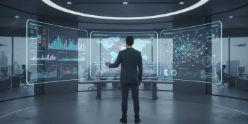 Professional analyzing complex data visualizations on multiple screens, showing charts and graphs.