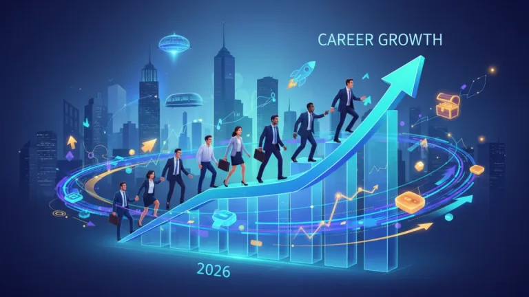 Professionals climbing a growth chart, symbolizing career advancement in 2026 market shifts.