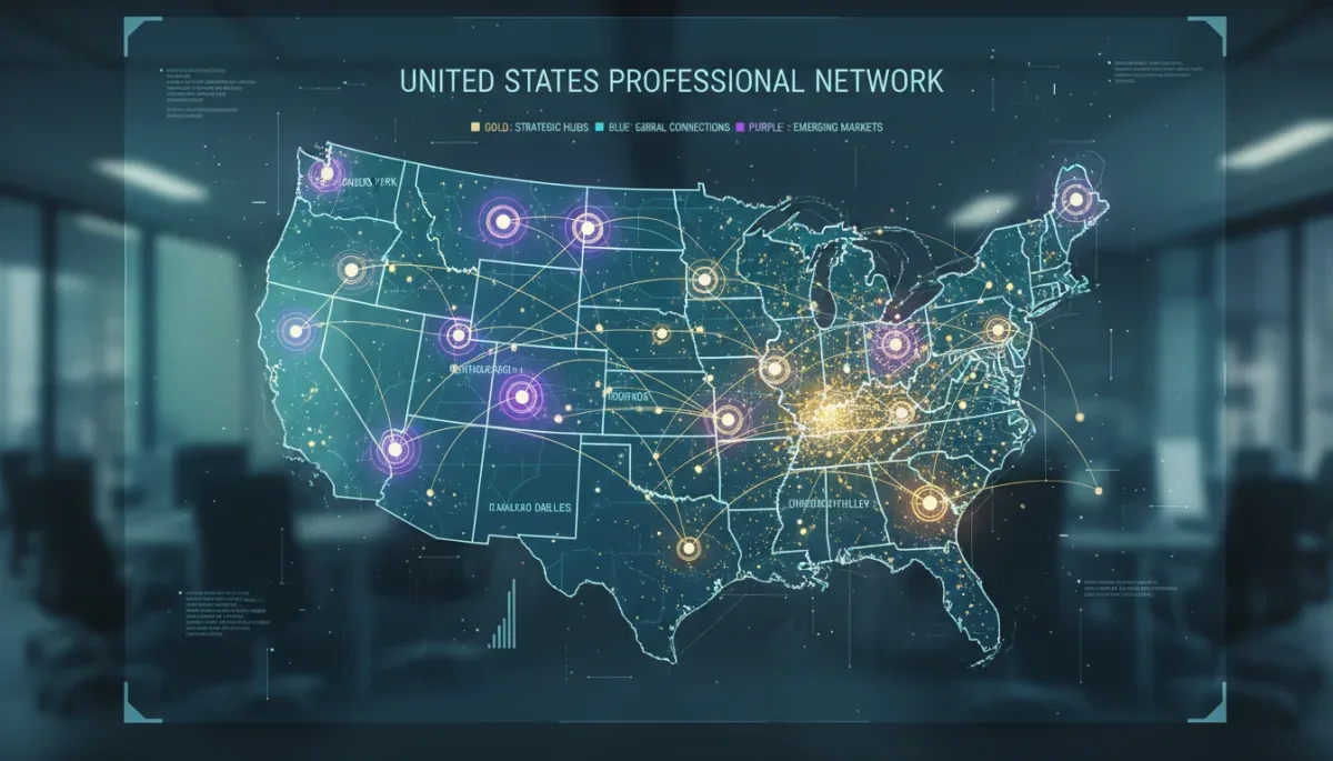 Digital map showing interconnected professional networks across the United States.
