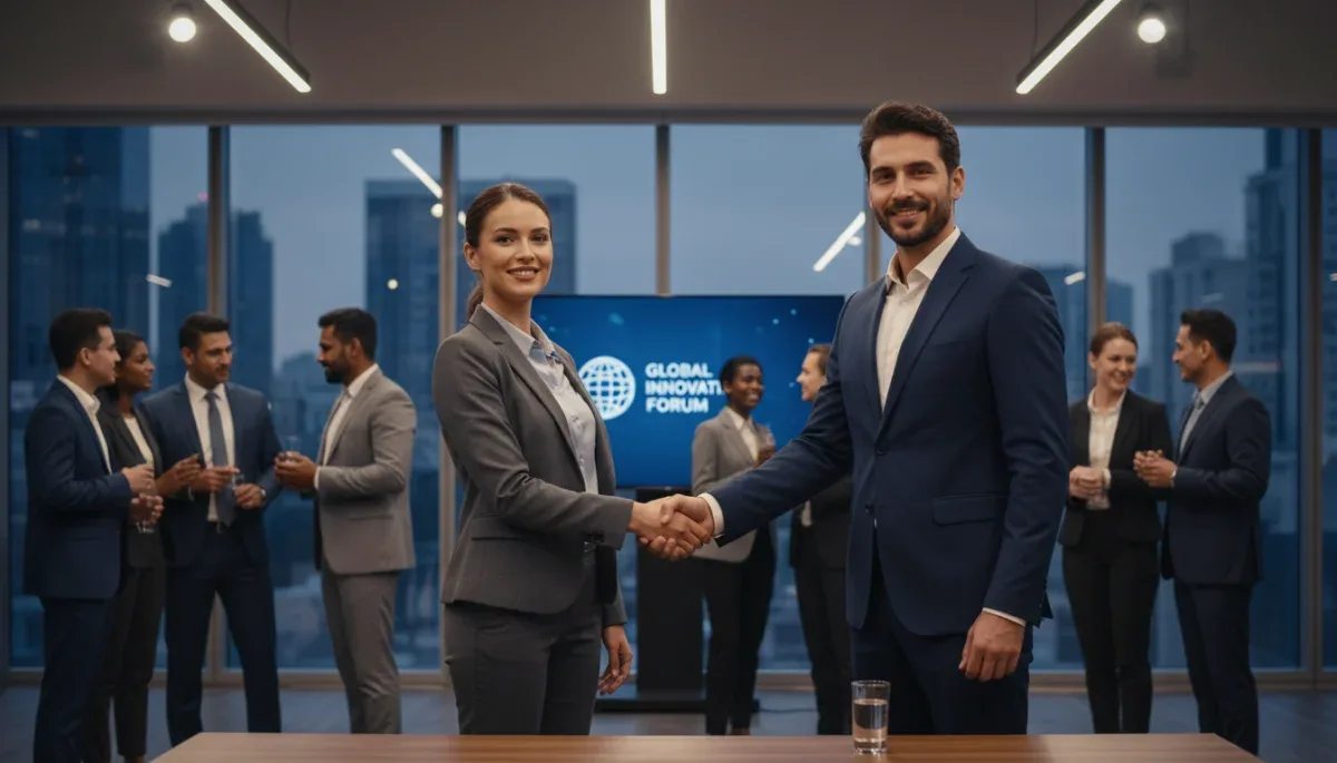 Professionals networking at an event, shaking hands and making valuable connections.