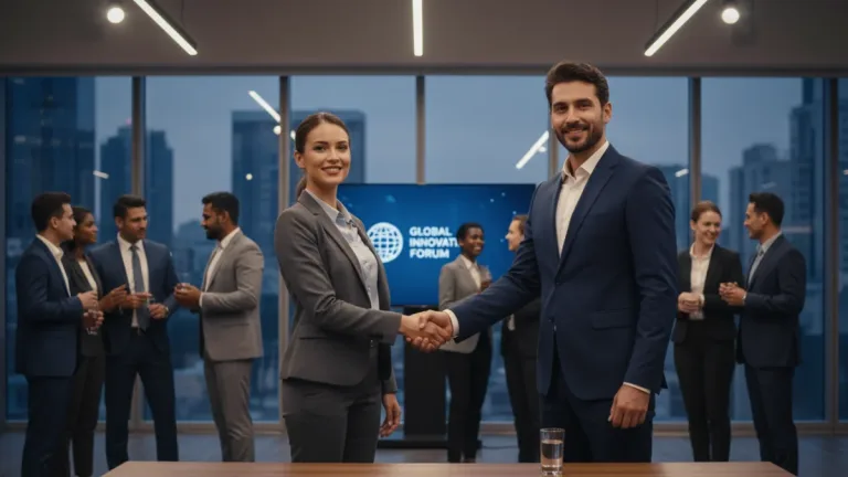 Professionals networking at an event, shaking hands and making valuable connections.