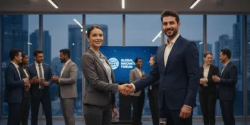 Professionals networking at an event, shaking hands and making valuable connections.