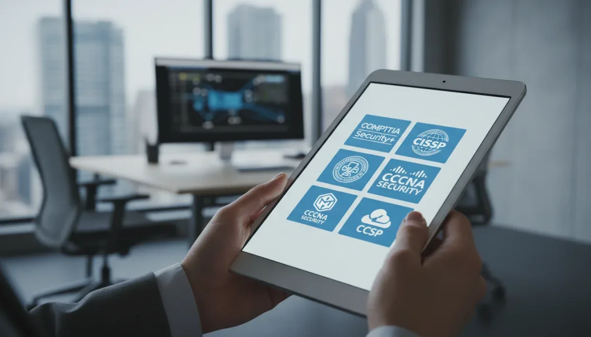 Hand holding tablet with cybersecurity certification logos