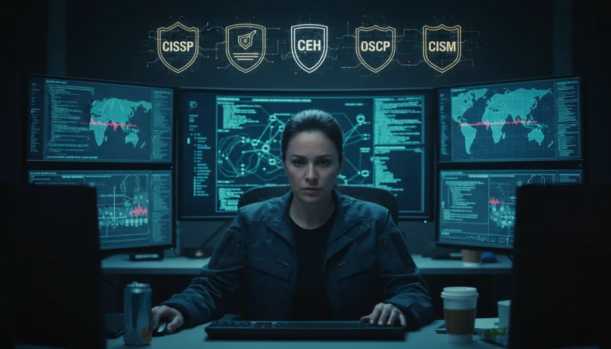 Cybersecurity professional analyzing data with certification badges overlay