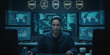 Cybersecurity professional analyzing data with certification badges overlay