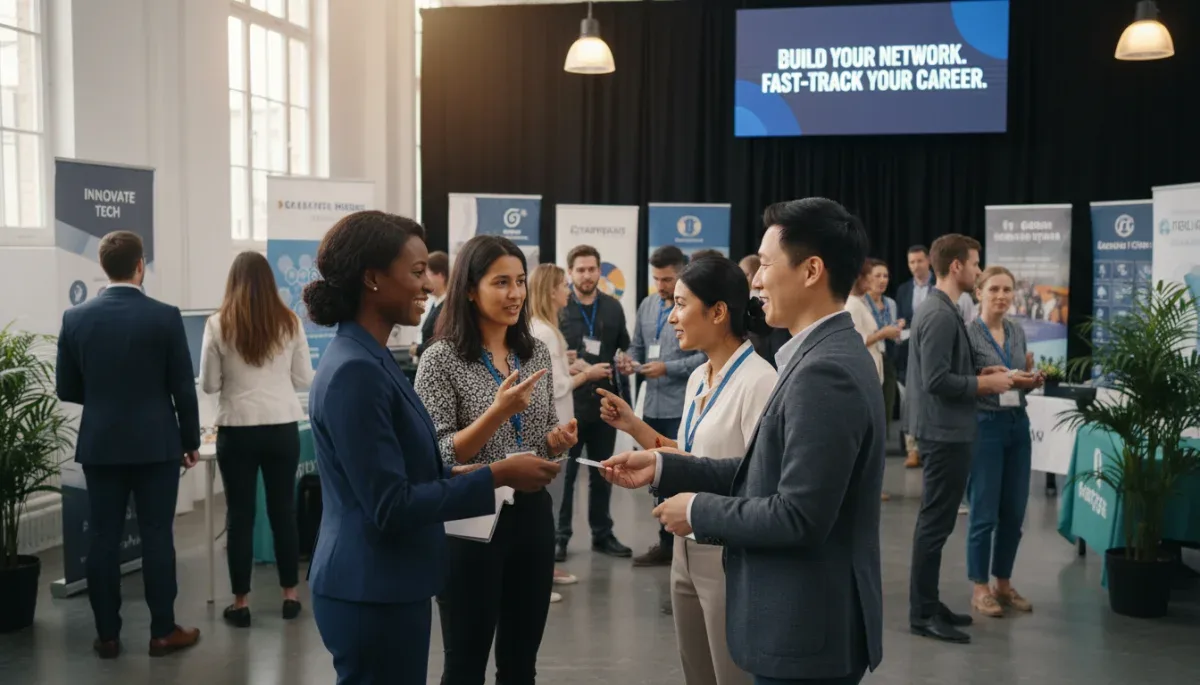 Professionals networking at a career fair for quick career opportunities