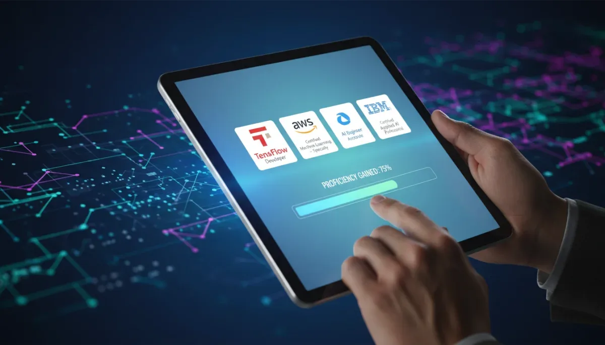Hand holding tablet with AI/ML certification logos and progress bar