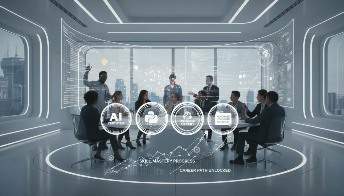 Professionals collaborating on AI/ML projects with certification badges highlighted