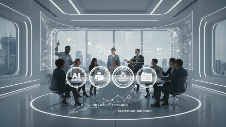 Professionals collaborating on AI/ML projects with certification badges highlighted