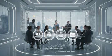 Professionals collaborating on AI/ML projects with certification badges highlighted