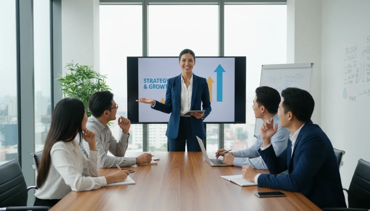 Person presenting to a team, demonstrating effective communication and leadership.