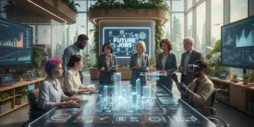 Professionals collaborating in a modern office, symbolizing critical soft skills for 2026 US job market promotion.