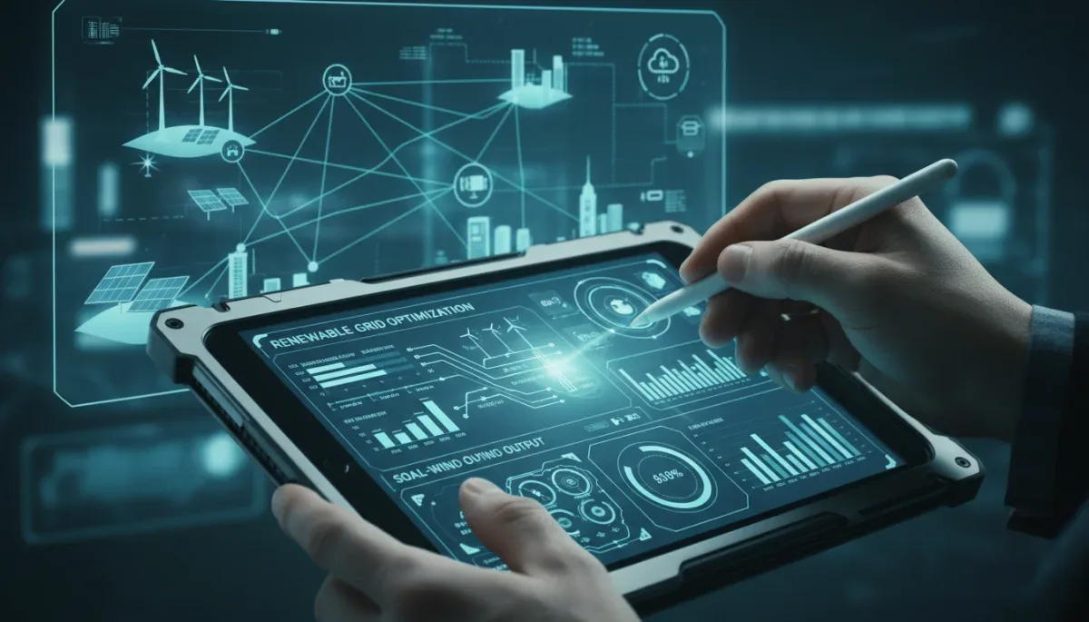 Data analysis for renewable energy grid management on a tablet.