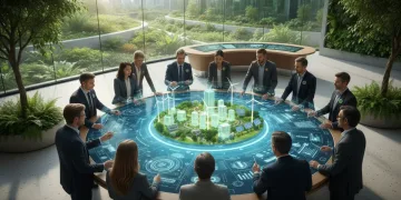 Professionals collaborating on green economy initiatives, integrating technology and sustainability.