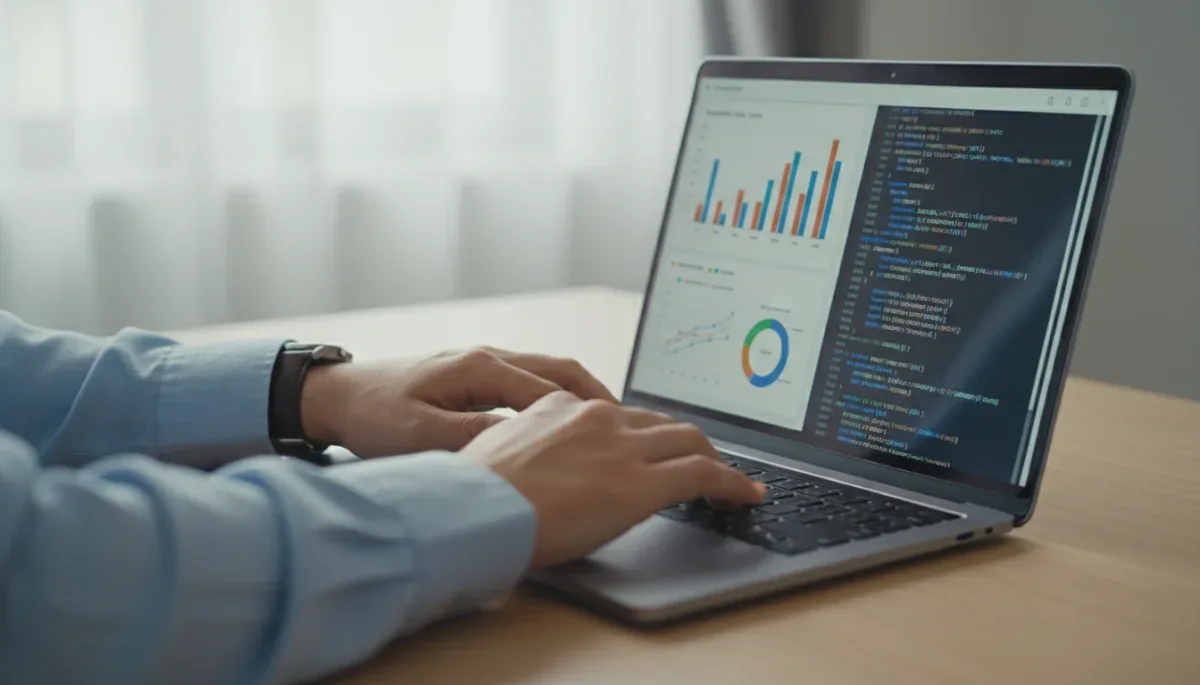 Hands typing on a laptop, displaying data analytics and code, representing technical career skills.