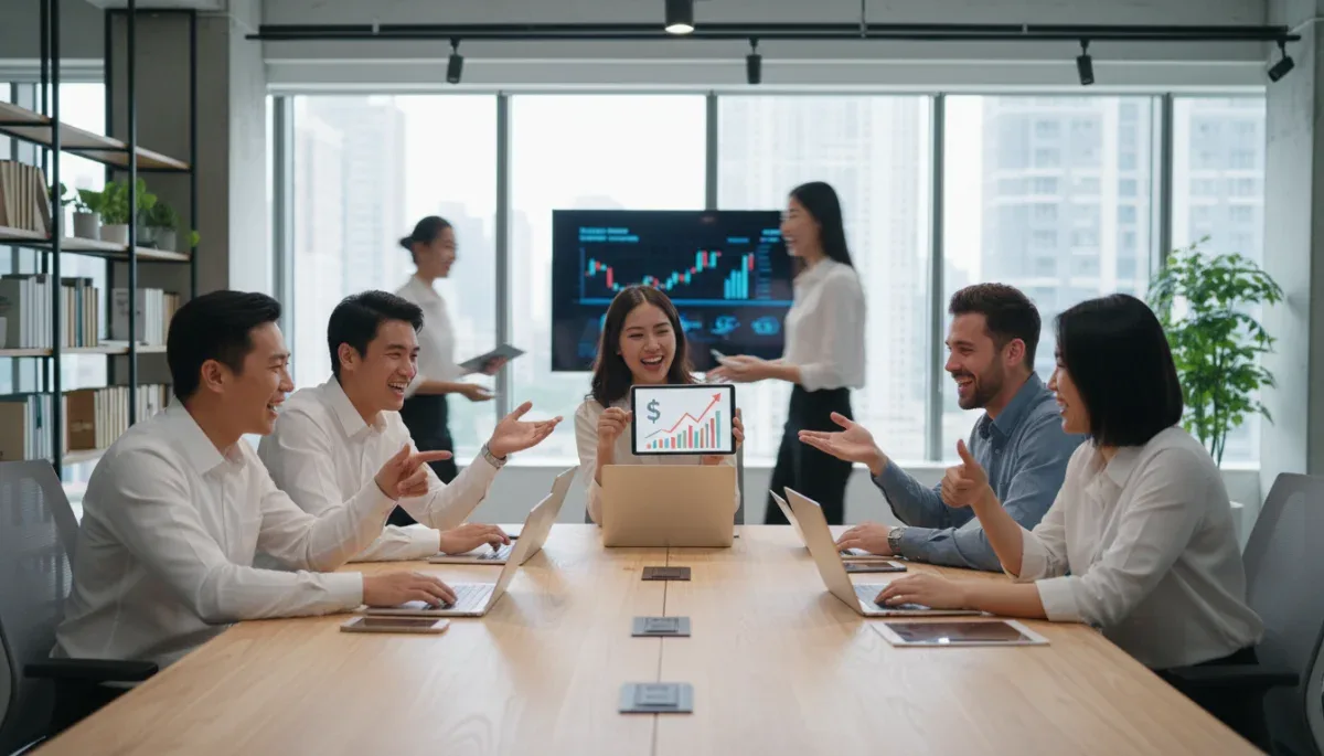Young professionals collaborating in a modern office environment, symbolizing quick career growth and financial success.