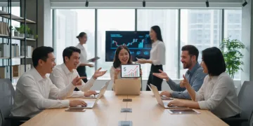 Young professionals collaborating in a modern office environment, symbolizing quick career growth and financial success.