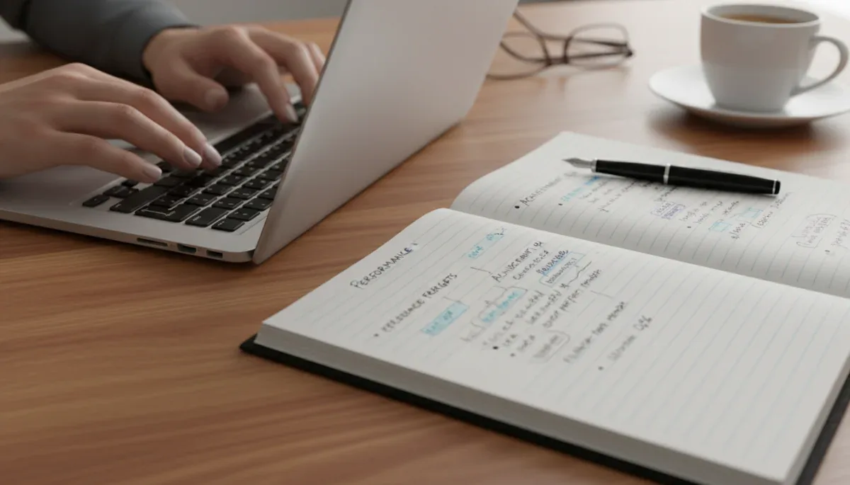 Detailed preparation for a performance review with notes and laptop
