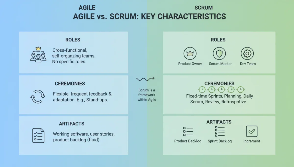 Comparison chart of Agile versus Scrum methodologies key characteristics