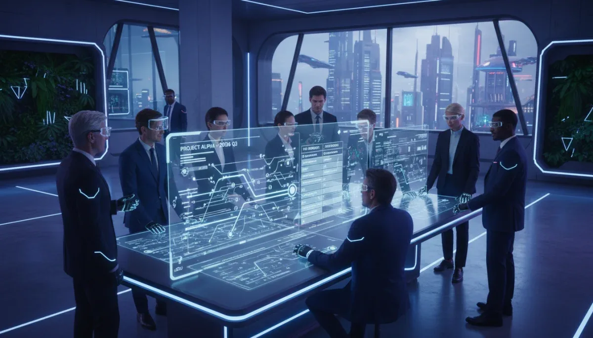 Futuristic project management team collaborating on agile scrum boards in 2026