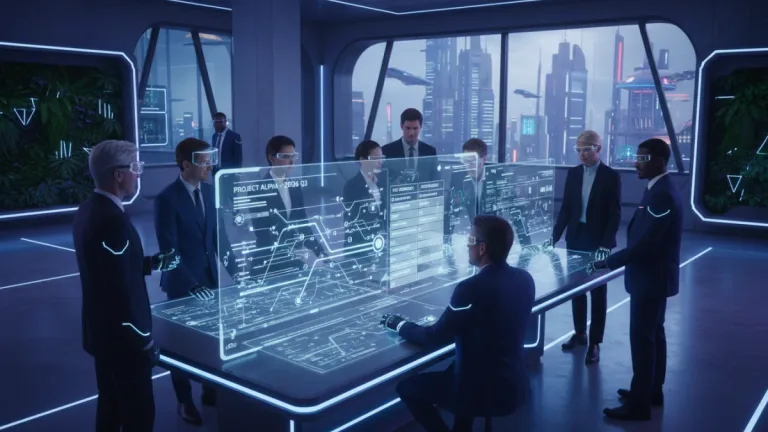 Futuristic project management team collaborating on agile scrum boards in 2026