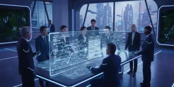 Futuristic project management team collaborating on agile scrum boards in 2026