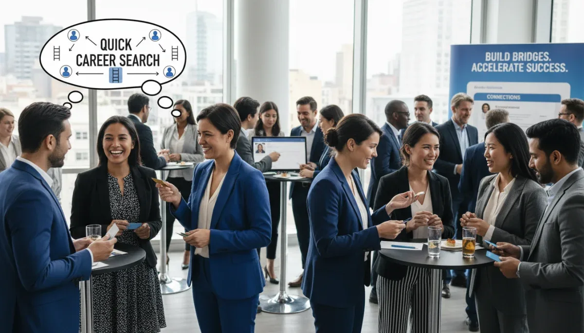 Professionals networking at an event for quick career advancement