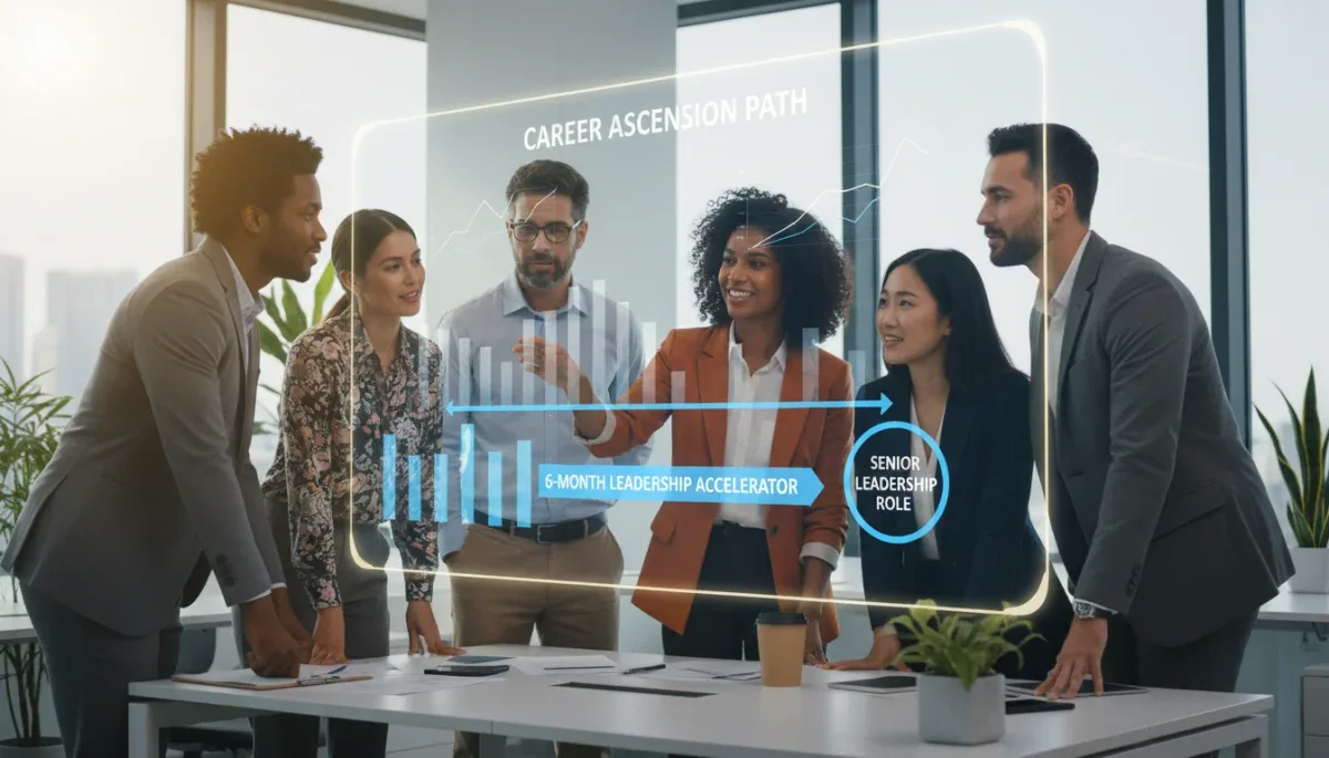 Diverse US professionals charting a 6-month roadmap to senior career growth