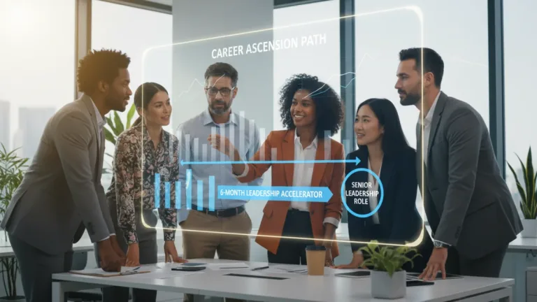 Diverse US professionals charting a 6-month roadmap to senior career growth